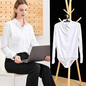 Womens Bodysuit Blouse Button Down One-Piece Long Sleeve Solid Office Work shirt